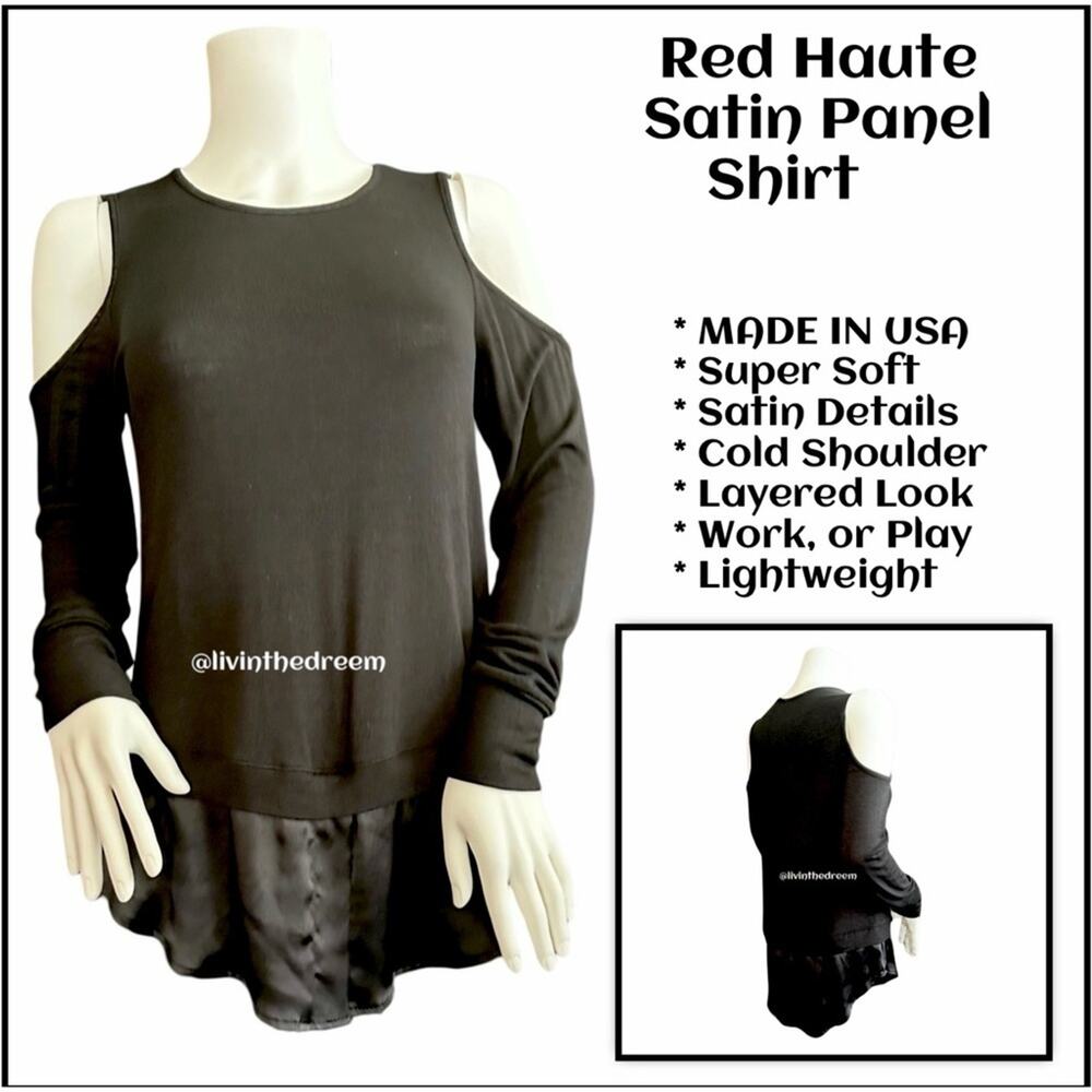 #T92 RED HAUTE COLD SHOULDER SILK SHIRTTAIL PANEL LONG SLEEVE SHIRT SZ M $89